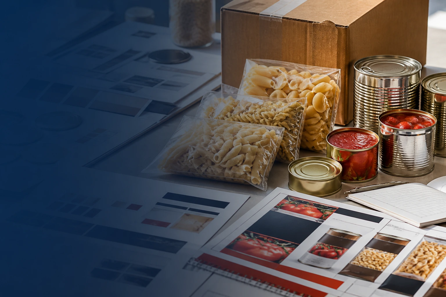 Pasta in clear bags, canned tomatoes and a shipping carton beside product specification sheets on a desk