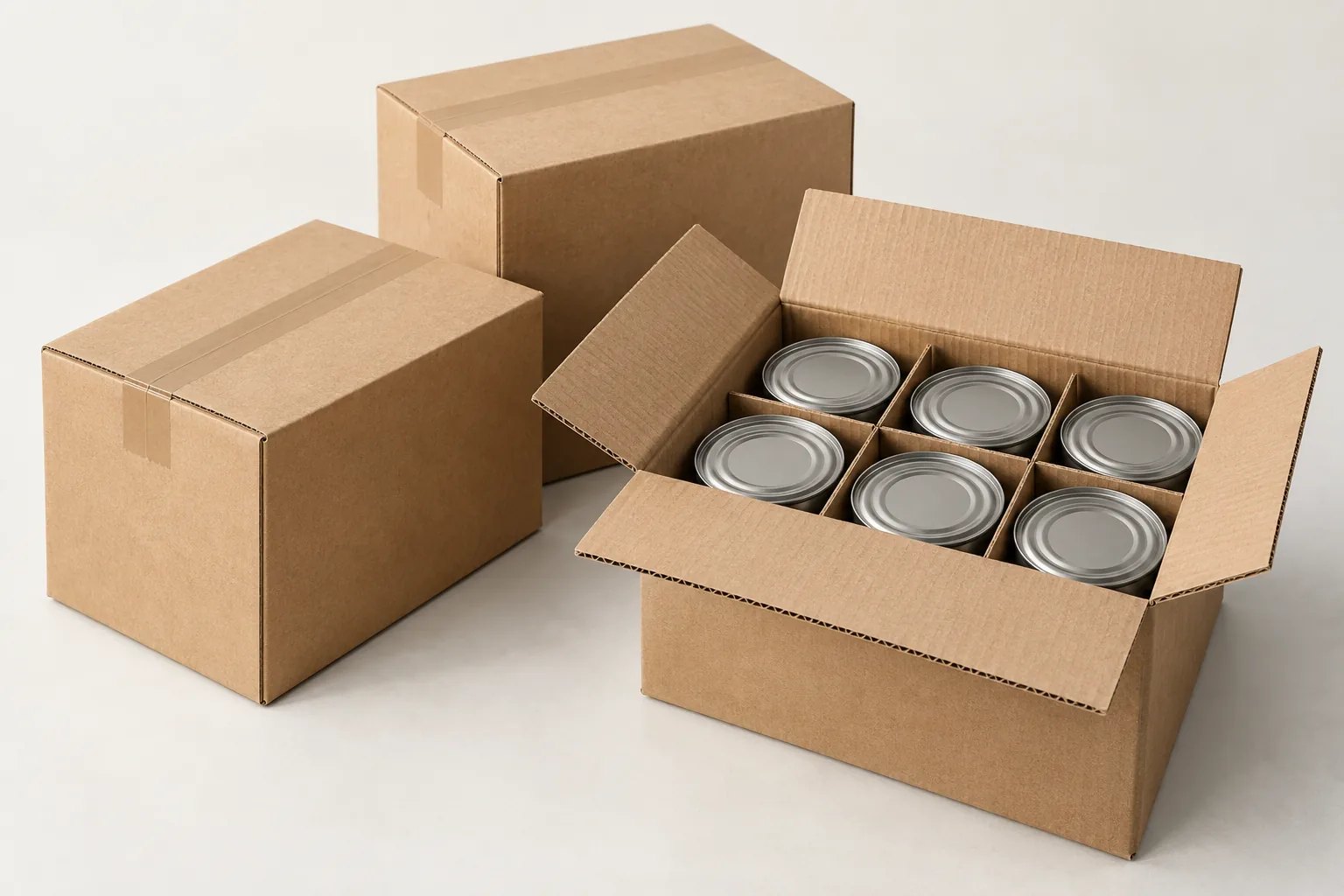 Illustrative view of plain cartons and a divided case containing sealed food cans