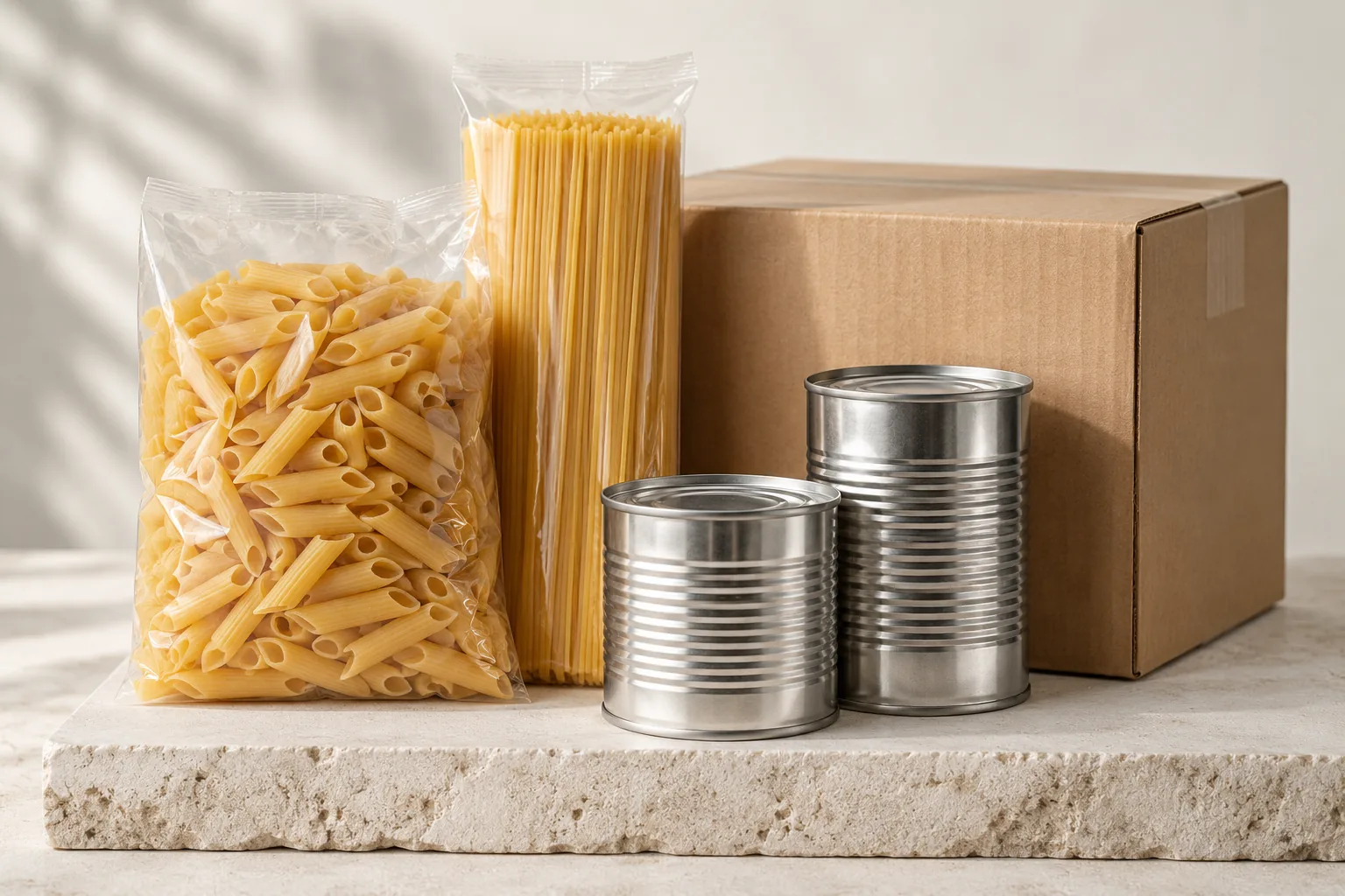 Illustrative arrangement of pasta packs, sealed food cans and a plain carton