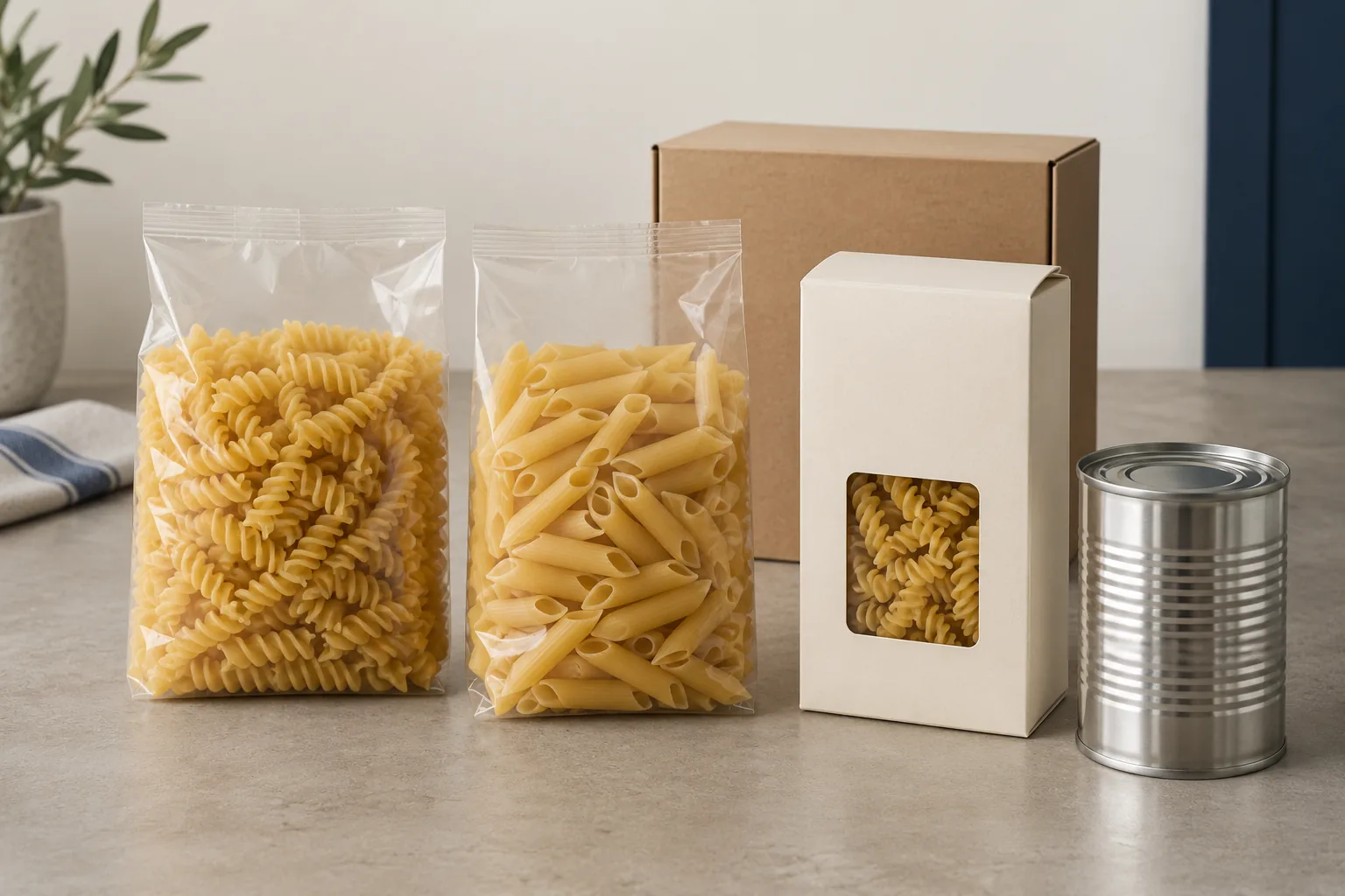 Illustrative selection of pasta pouches, a windowed carton and a sealed can