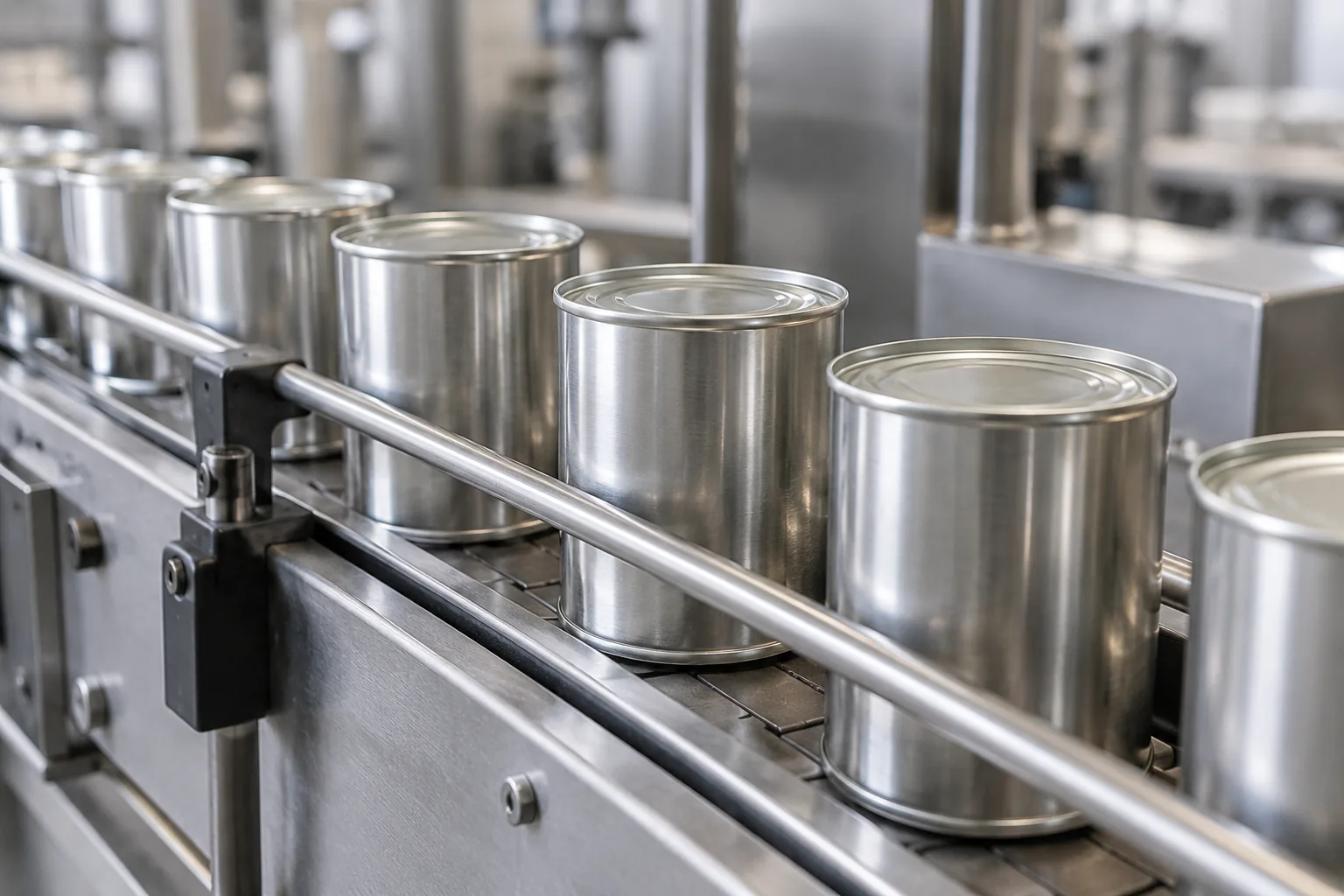 Illustrative close-up of sealed food cans on a production conveyor