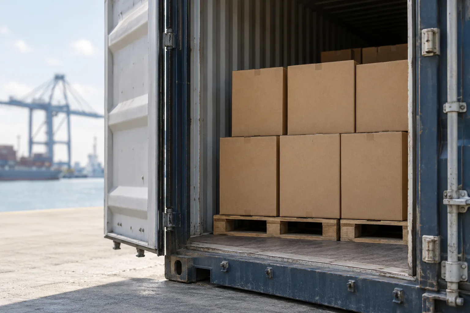 Illustrative view of plain food cartons inside a shipping container