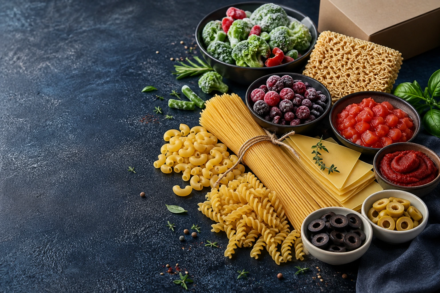 Dry pasta shapes, canned tomatoes, tomato paste, olives, frozen vegetables and berries and instant noodles on a dark stone surface