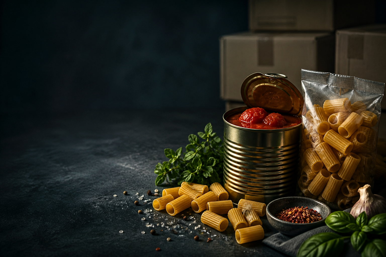 Open can of peeled tomatoes, rigatoni pasta loose and in a clear bag, fresh oregano and basil, a bowl of chilli flakes and a garlic bulb on a dark stone surface, with plain shipping cartons behind