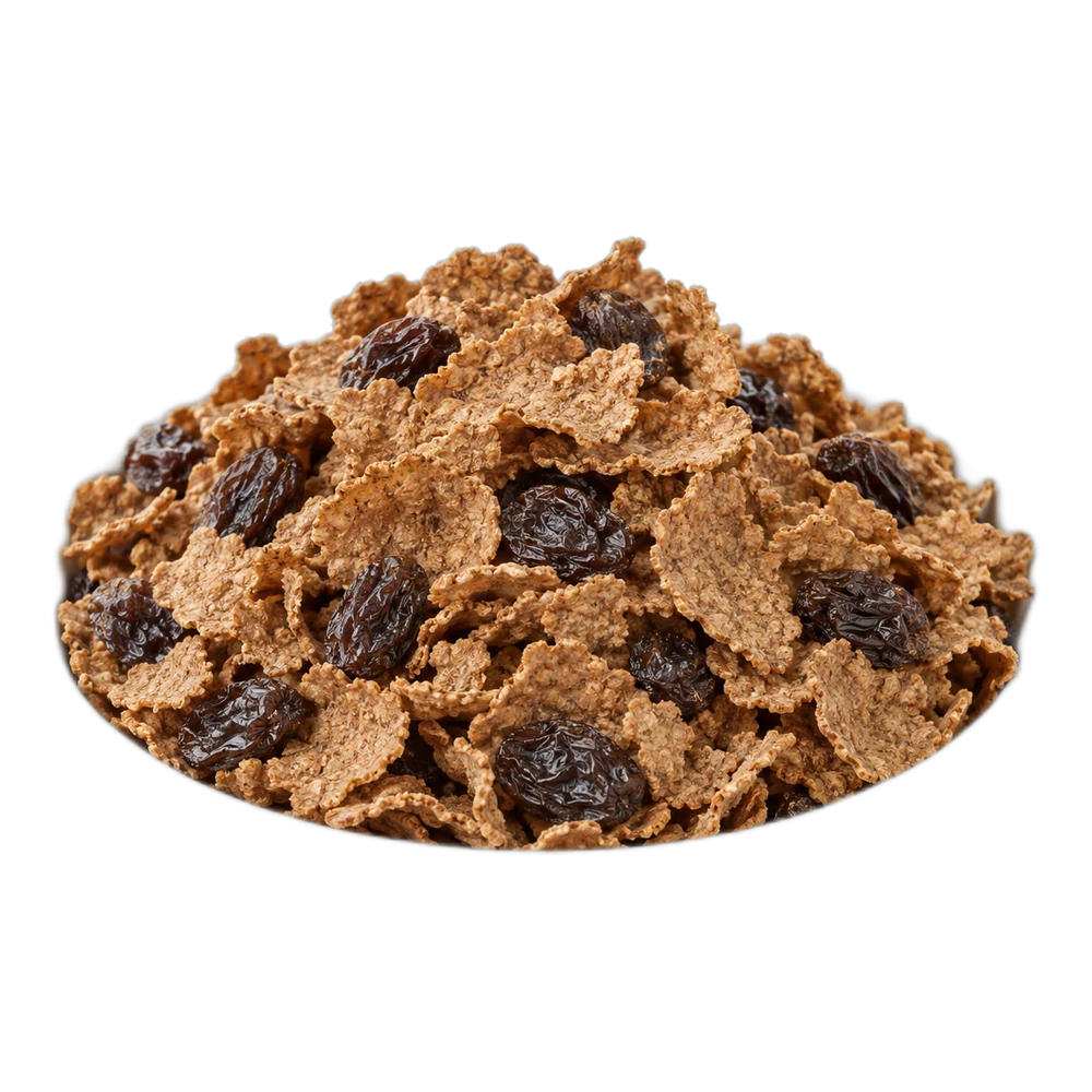 Plain white bowl heaped with raisin bran flakes and raisins, shown against a plain background.