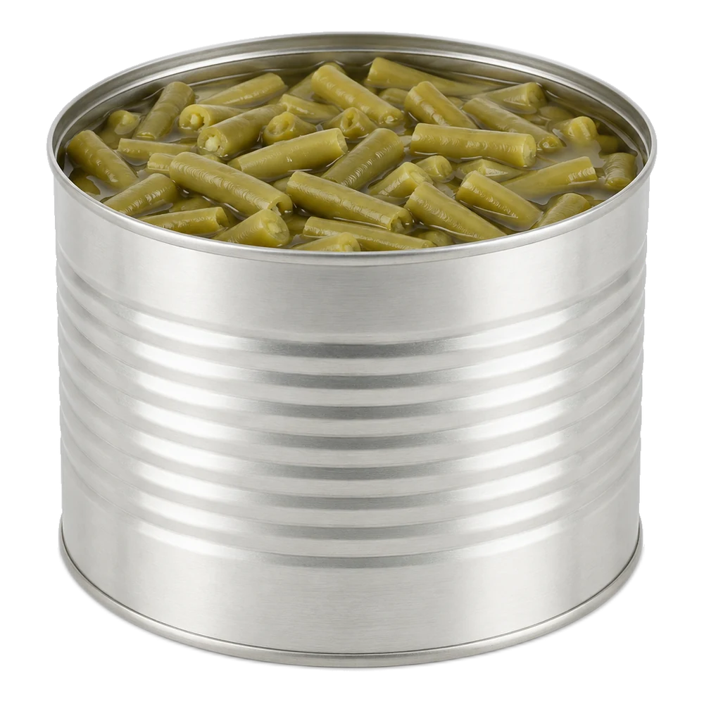 Boîte RHD sans marque de haricots verts en saumure, couvercle retiré, présentée sur fond uni.