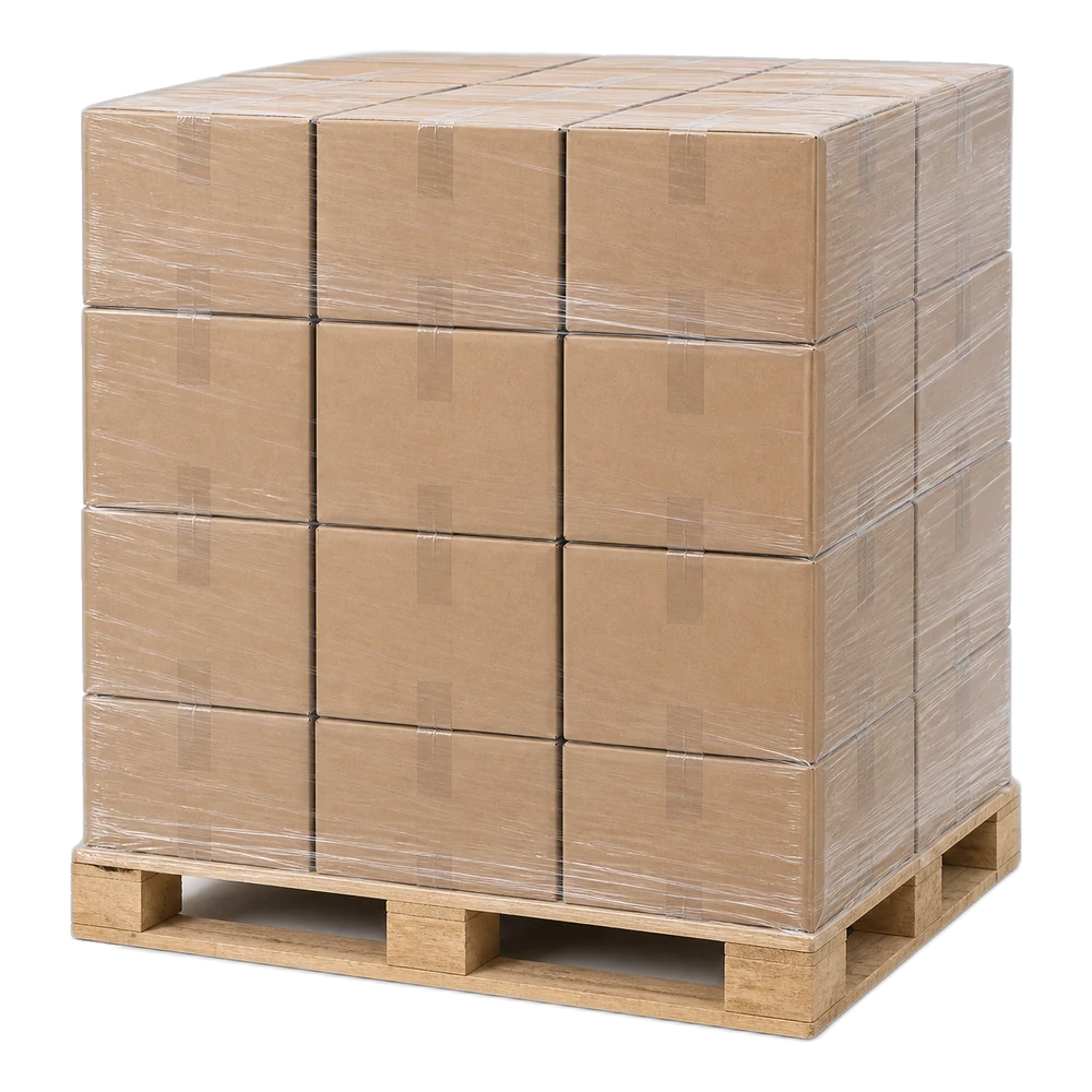 Stacked export cartons of canned tomatoes arranged as a palletised container load.