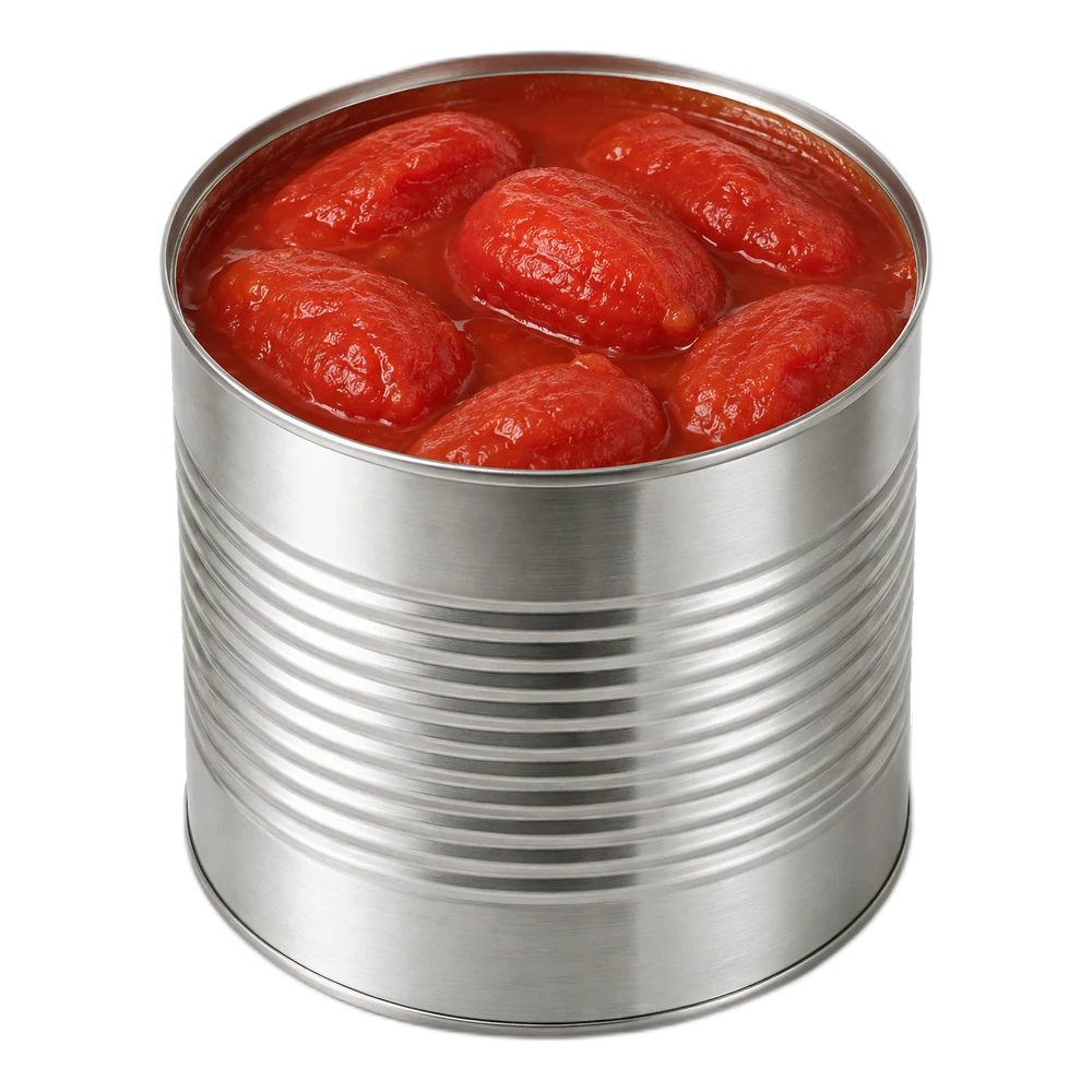 Boîte format restauration A10 sans marque, couvercle retiré, remplie à ras bord de tomates pelées entières au jus de tomate.