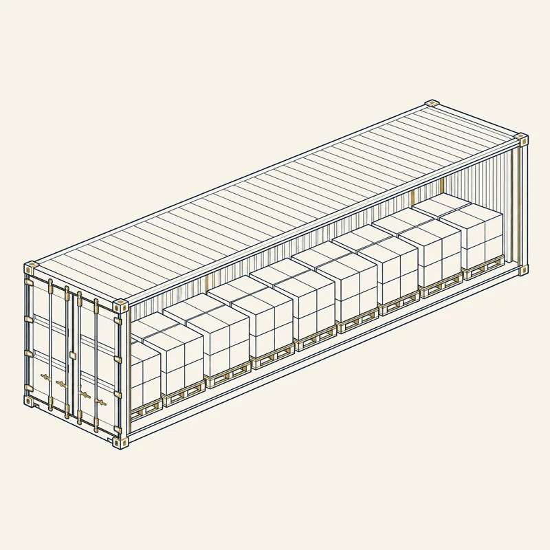 Illustration au trait d'un conteneur 40 ft chargé de palettes de cartons.