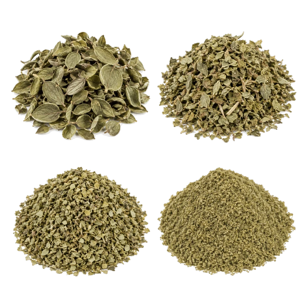Quatre grades d'origan séché : feuille entière, frotté, coupé et tamisé, et poudre moulue.