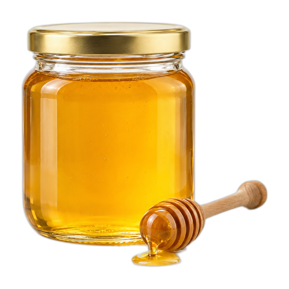 Illustration of an unbranded 975 g glass jar of golden honey with a wooden honey dipper