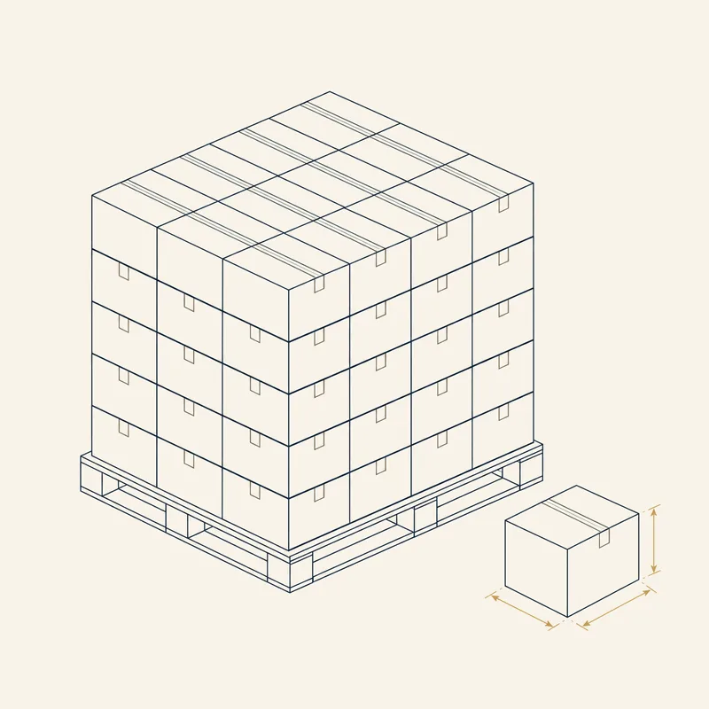Illustration au trait d'une palette d'export chargée de cartons et d'un carton avec ses dimensions