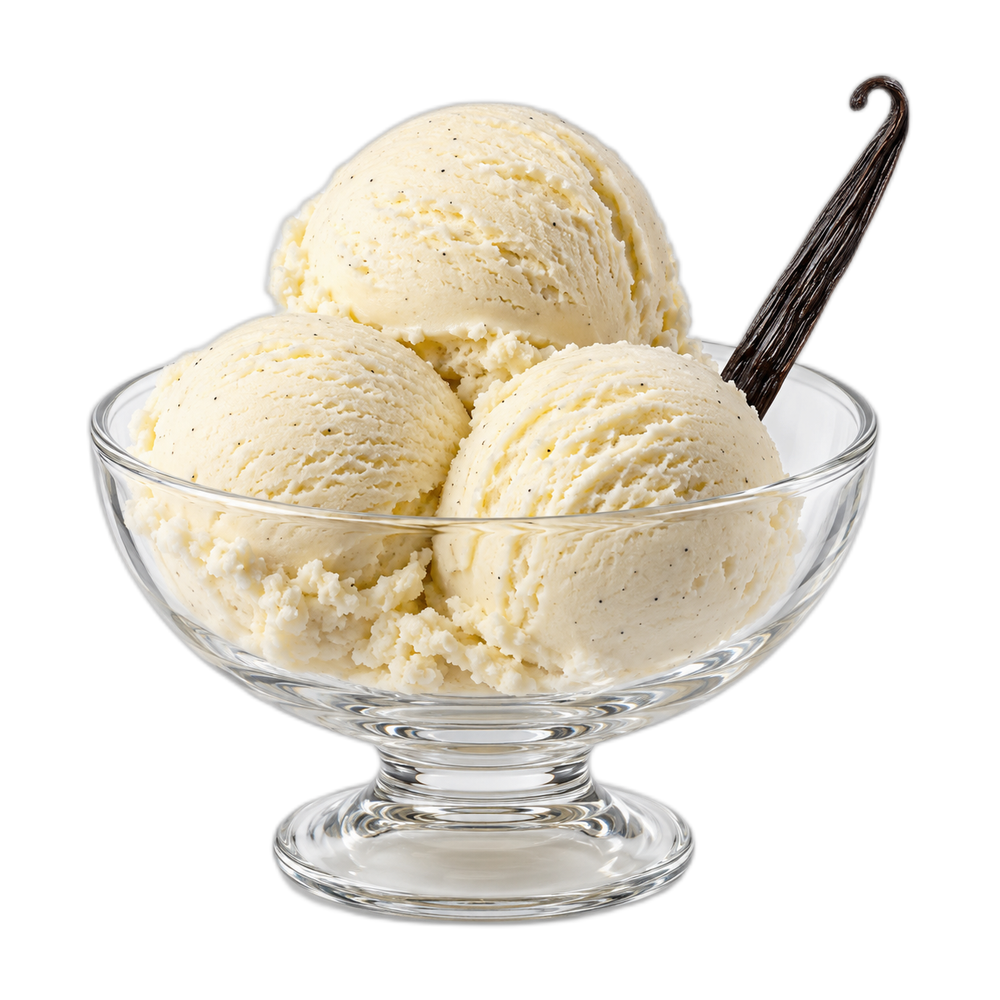 Three scoops of vanilla ice cream in a glass dessert bowl