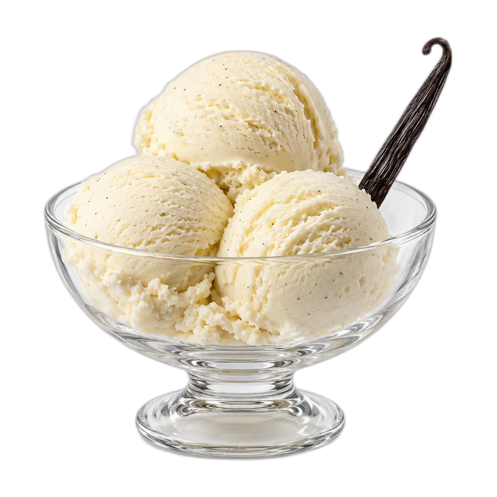 Illustration de trois boules de crème glacée vanille dans une coupe en verre