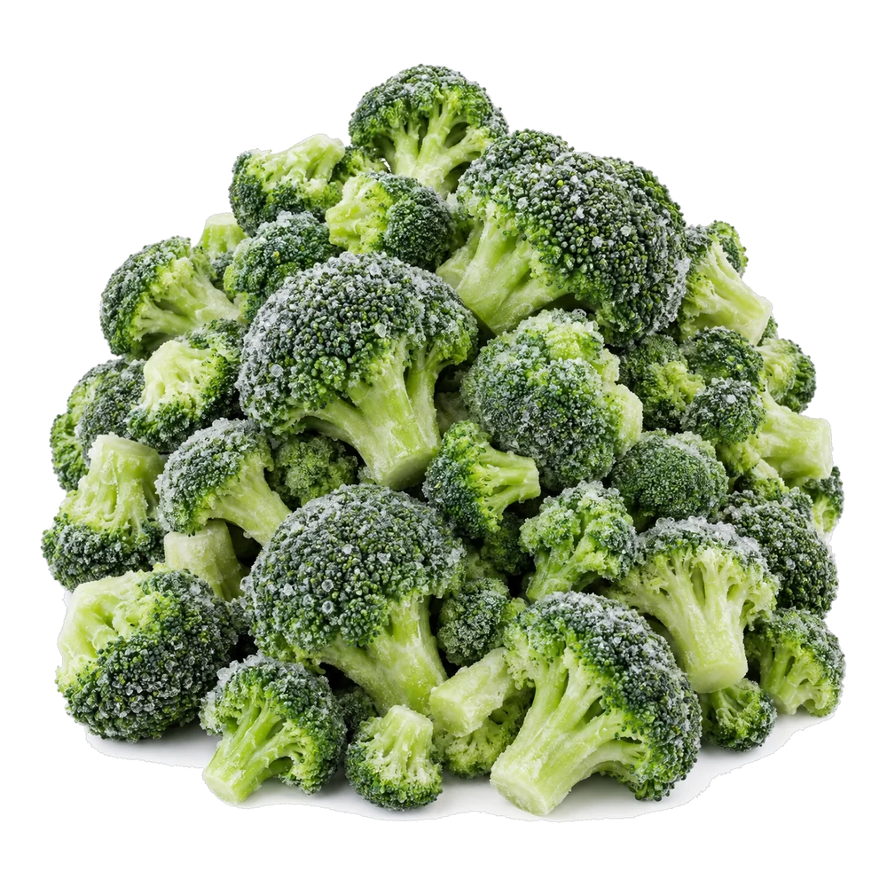 Fleurettes de brocoli surgelées individuellement, libres et séparées, chacune portant un léger givre de cristaux de glace.