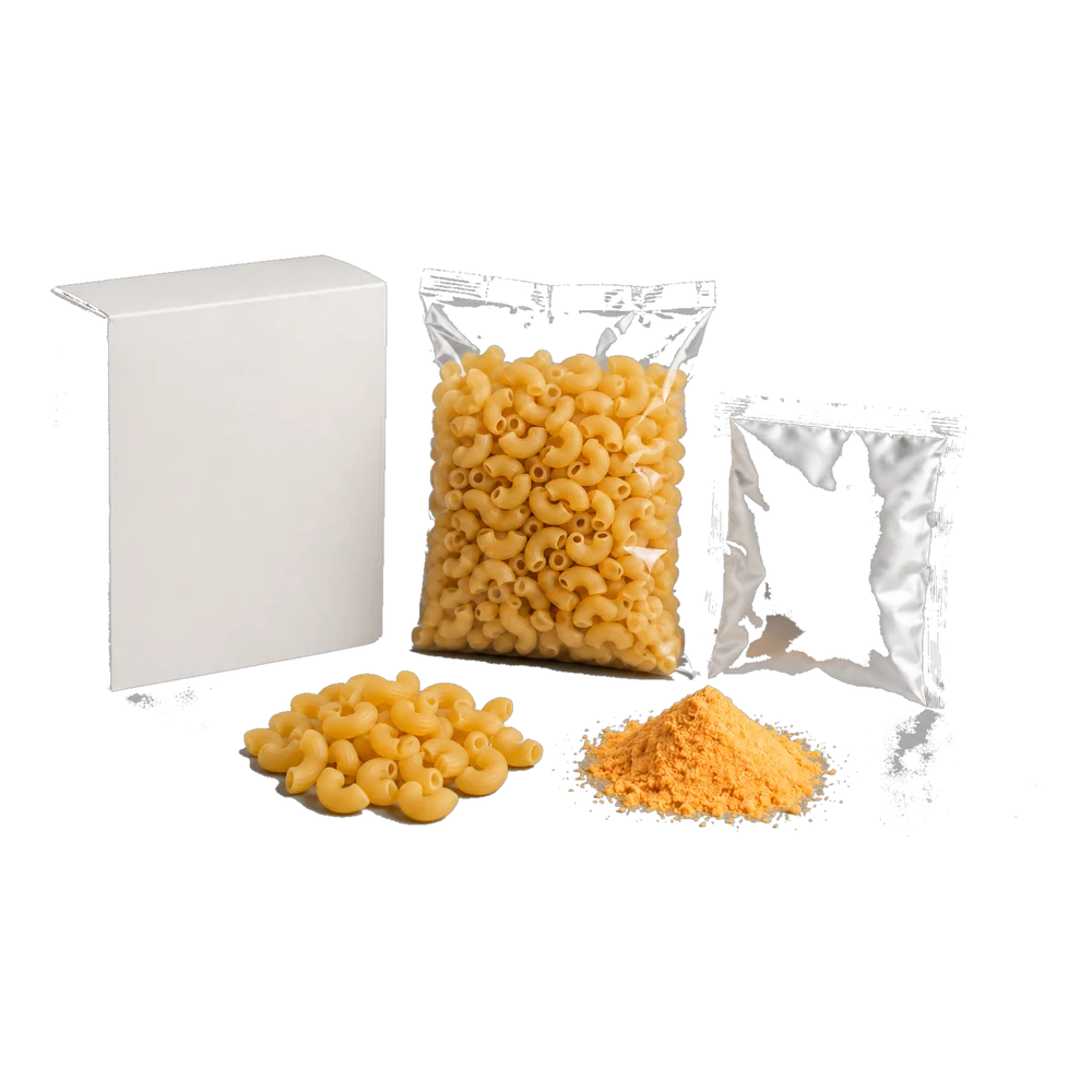 Les composants d'un kit repas macaronis au fromage : un étui sans marque, un sachet de macaronis coudés secs et un sachet scellé de sauce fromagère.