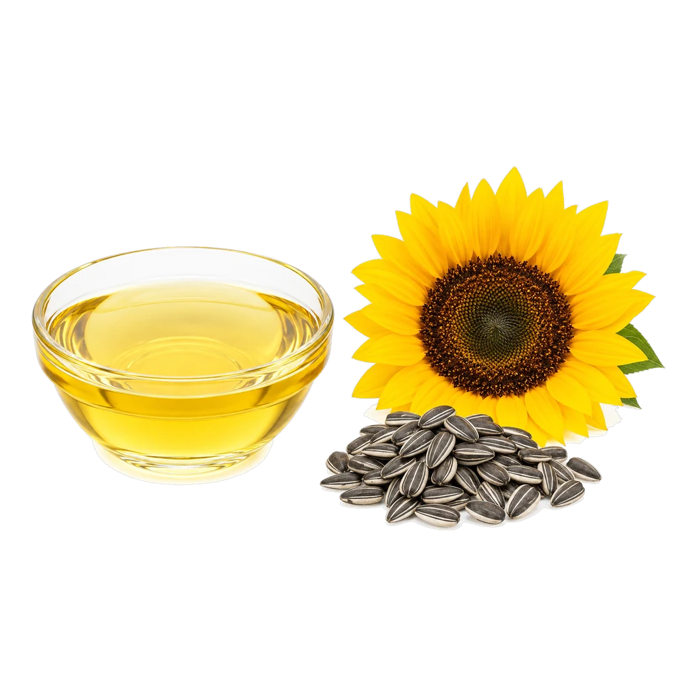 Unbranded product illustration: refined sunflower oil with sunflower seeds