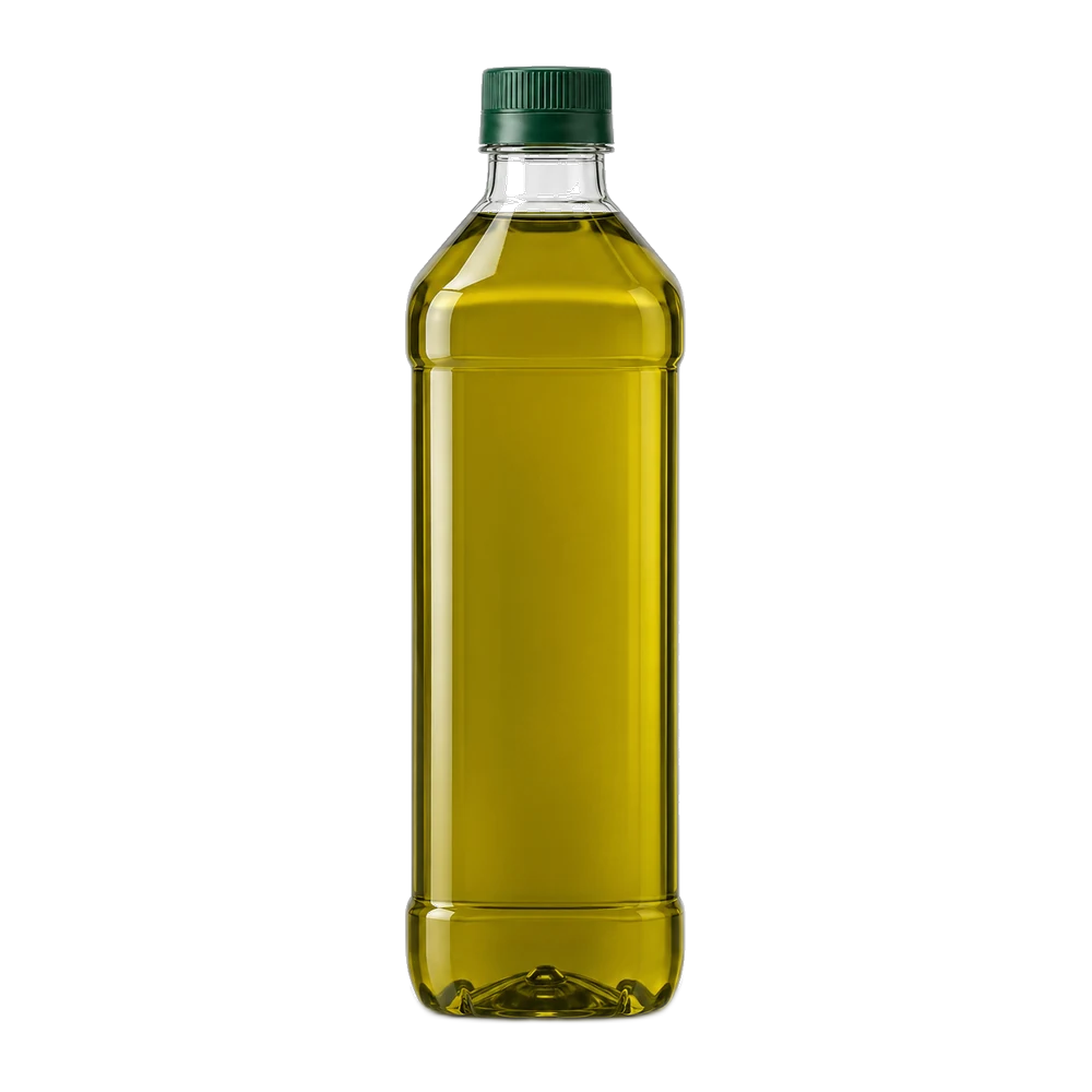 Bouteille PET de 1 litre sans marque remplie d'huile d'olive vert doré, présentée sur fond uni.