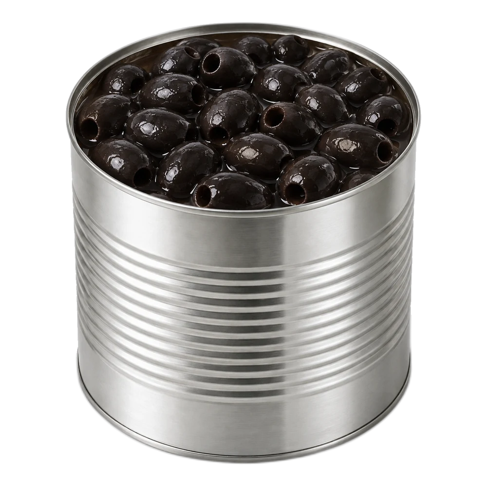 Boîte format restauration A10 sans marque, couvercle retiré, remplie à ras bord d'olives noires dénoyautées en saumure.