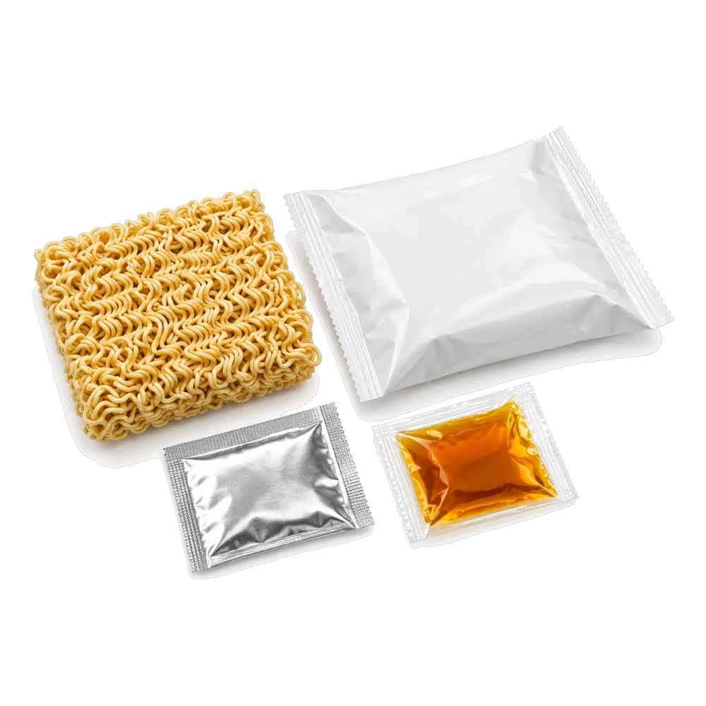 Les composants d'un sachet de nouilles instantanées : une galette de nouilles séchée, un sachet d'assaisonnement operculé, un sachet d'huile et un sachet souple neutre.