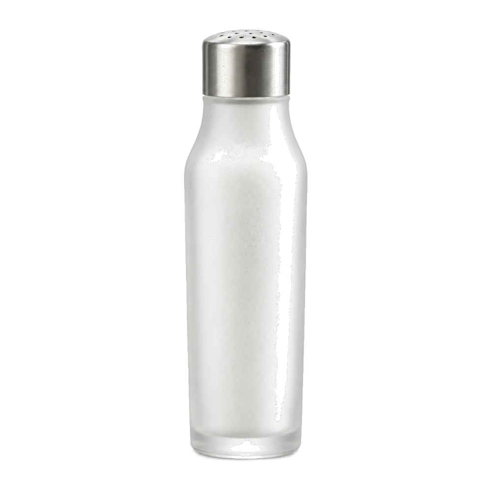 Elegant unbranded frosted-glass table-salt bottle with a brushed steel dispensing cap, shown against a plain background.