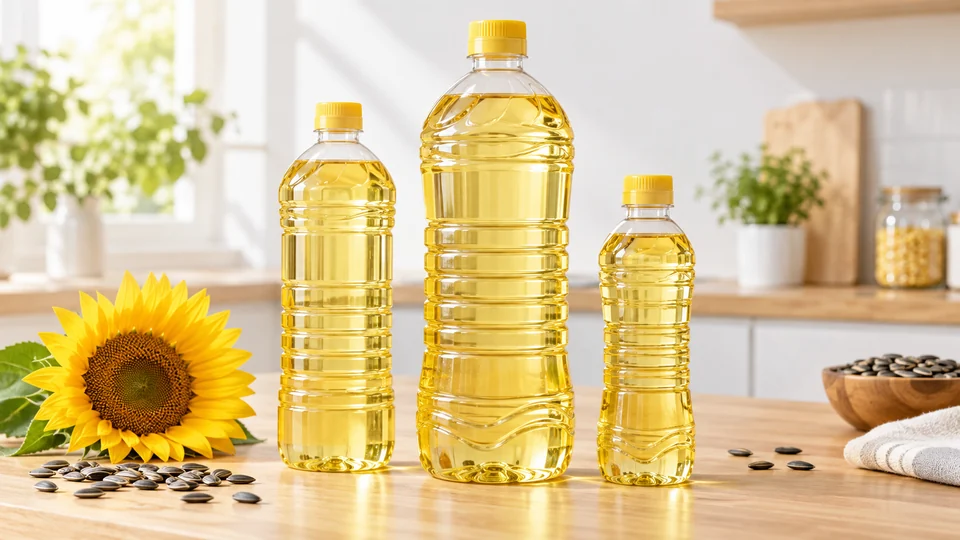 Illustration de catégorie : bouteilles d'huile de tournesol sans marque, bol d'huile et graines de tournesol