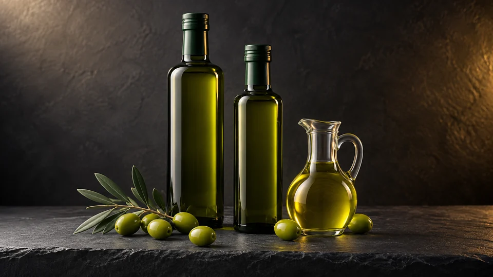 Illustration de catégorie : bouteilles d'huile d'olive sans marque et burette en verre, olives et rameau d'olivier